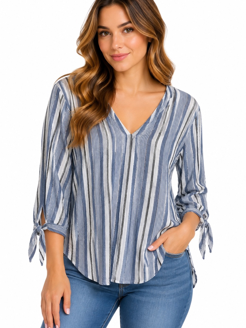 Michael Michael Kors Striped V-Neck Tie Sleeve Blouse Women’s XL Blue White